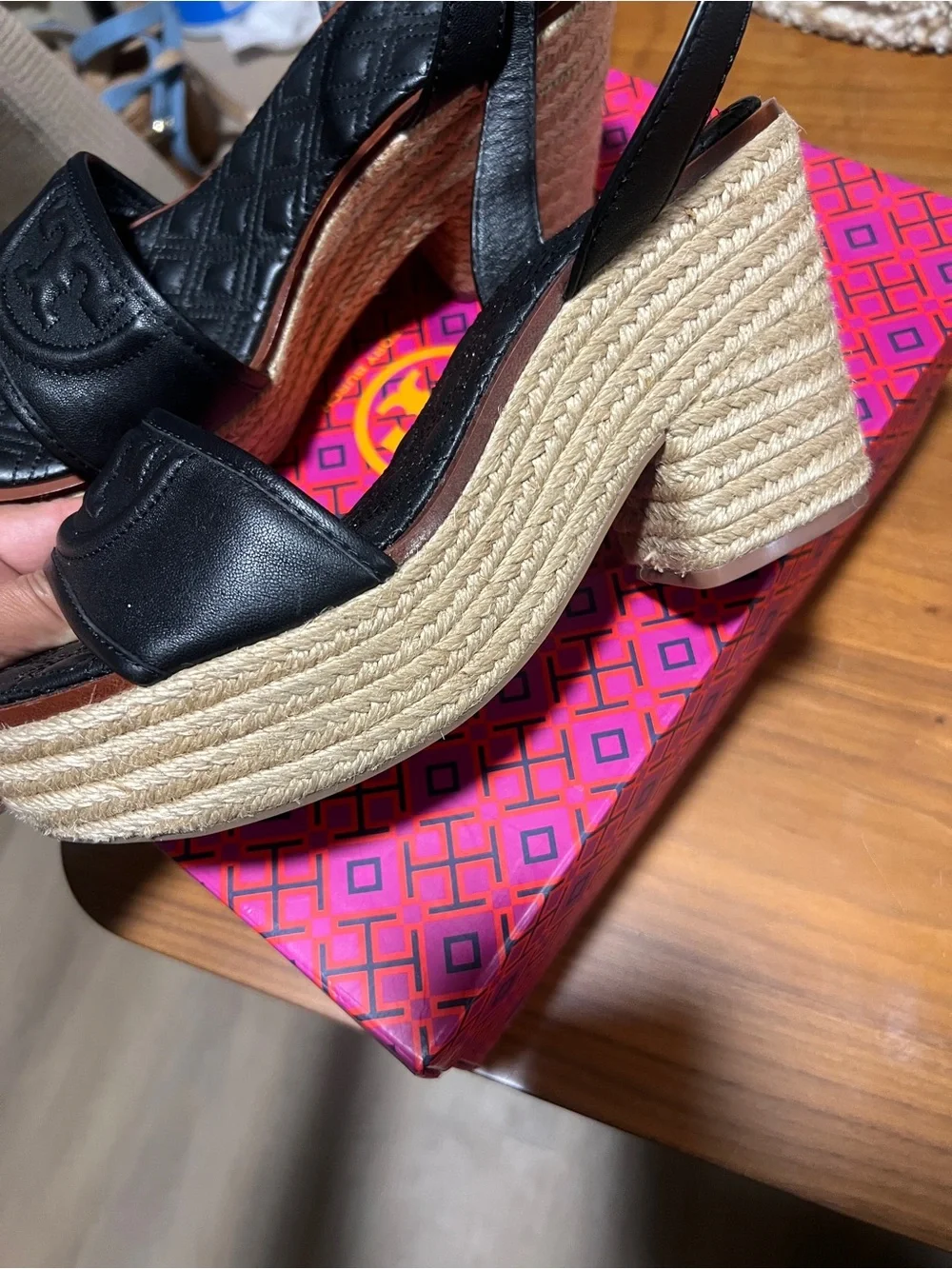 Tory Burch Black Quilted Leather Espadrille Wedge Sandals with Ankle Strap - Picture 3 of 5
